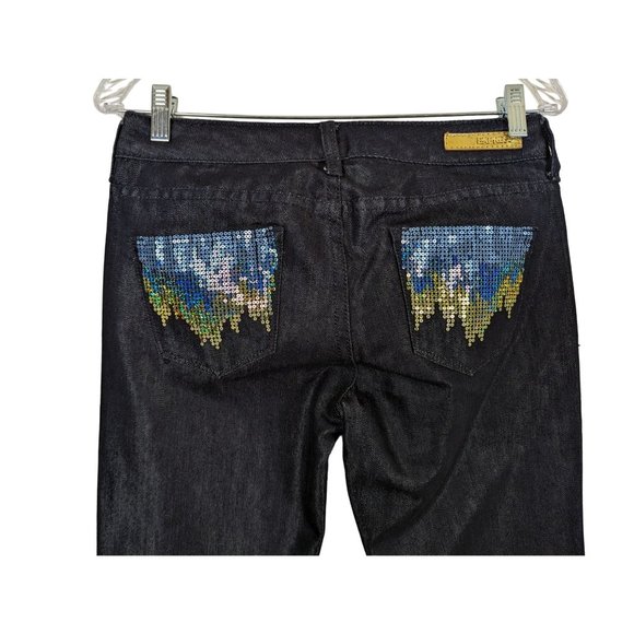 Express Boot Leg Stella glittery sequins mid rise dark blue jeans sz 2 Length 34 - Picture 4 of 5